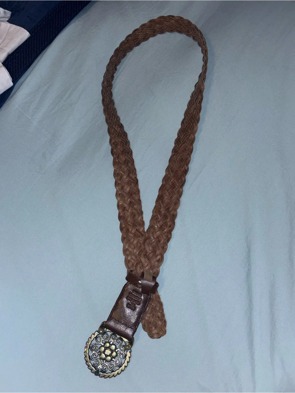 Genuine Leather Braided Belt Brown Western Boho Ornate Buckle M/L 43”